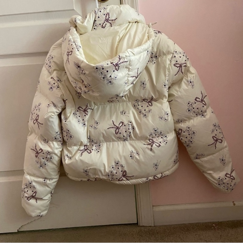 Coach Cream Floral Bow Print Short Puffer Jacket - Picture 3 of 8